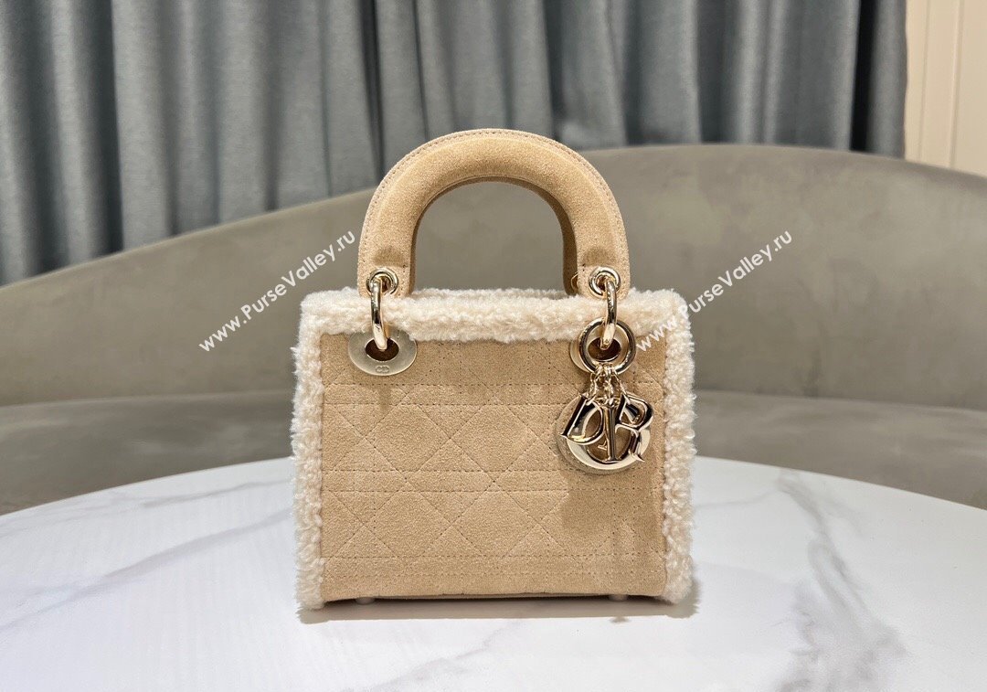 Dior Mini Lady Dior Bag in Beige Suede and White Shearling 2024 1212 (XXG-241212063)