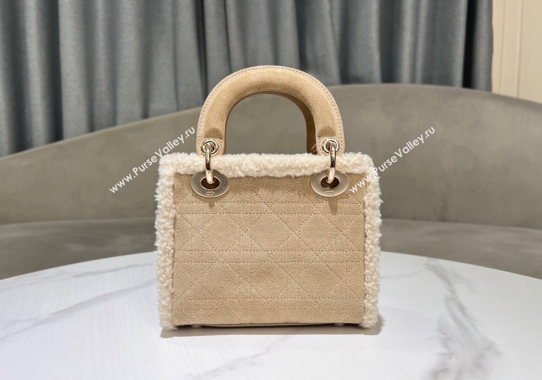 Dior Mini Lady Dior Bag in Beige Suede and White Shearling 2024 1212 (XXG-241212063)