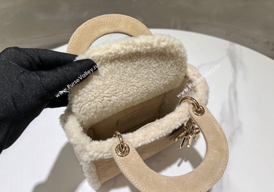 Dior Mini Lady Dior Bag in Beige Suede and White Shearling 2024 1212 (XXG-241212063)