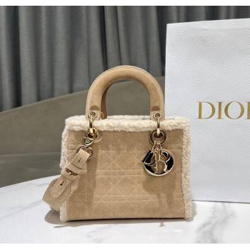 Dior Lady Dior Small Bag in Beige Suede and White Shearling 2024 1212 (XXG-241212064)