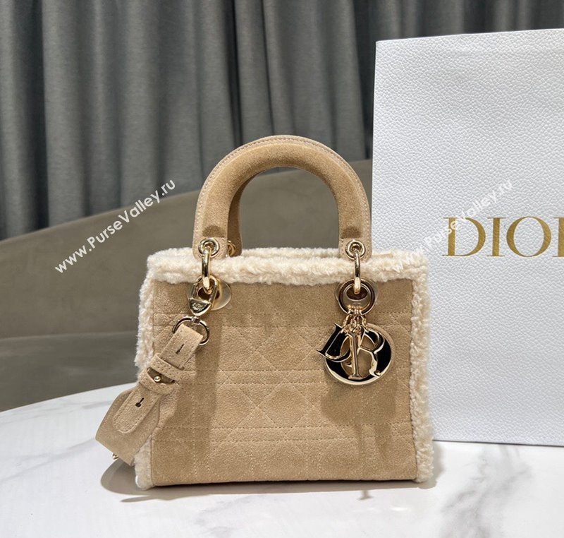 Dior Lady Dior Small Bag in Beige Suede and White Shearling 2024 1212 (XXG-241212064)