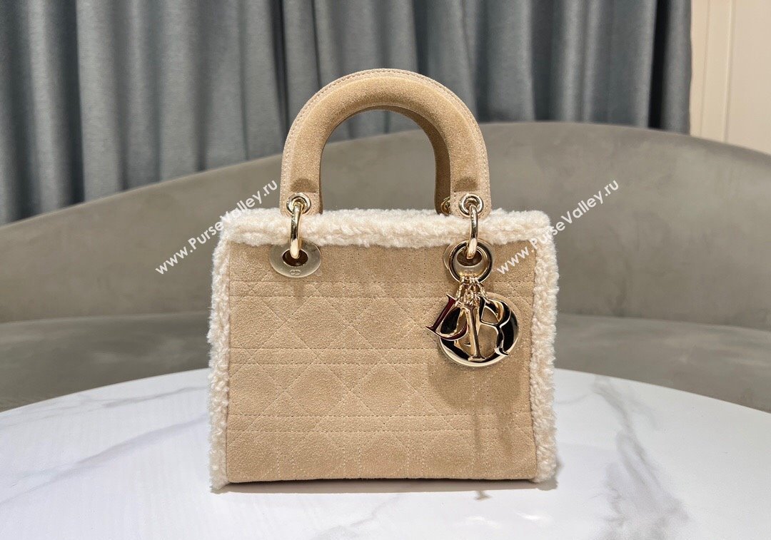 Dior Lady Dior Small Bag in Beige Suede and White Shearling 2024 1212 (XXG-241212064)