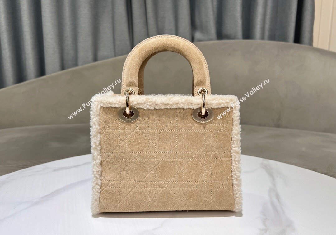 Dior Lady Dior Small Bag in Beige Suede and White Shearling 2024 1212 (XXG-241212064)