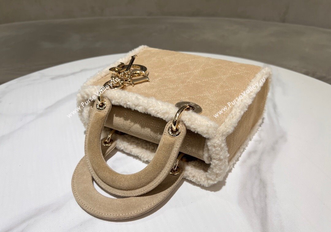 Dior Lady Dior Small Bag in Beige Suede and White Shearling 2024 1212 (XXG-241212064)