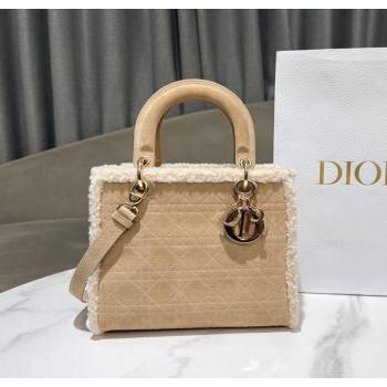 Dior Lady Dior Medium Bag in Beige Suede and White Shearling 2024 1212 (XXG-241212065)