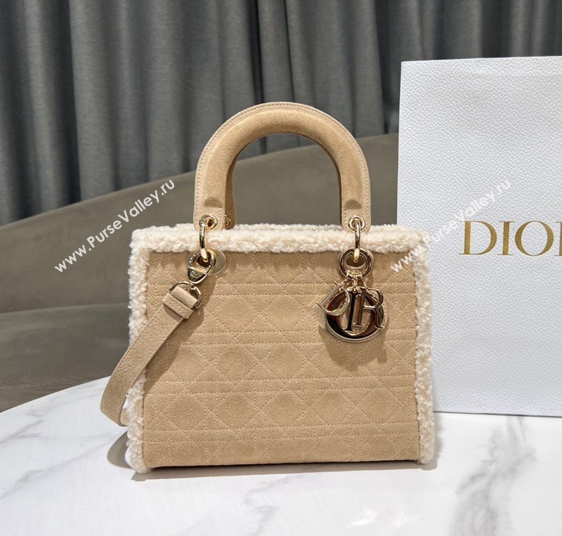 Dior Lady Dior Medium Bag in Beige Suede and White Shearling 2024 1212 (XXG-241212065)