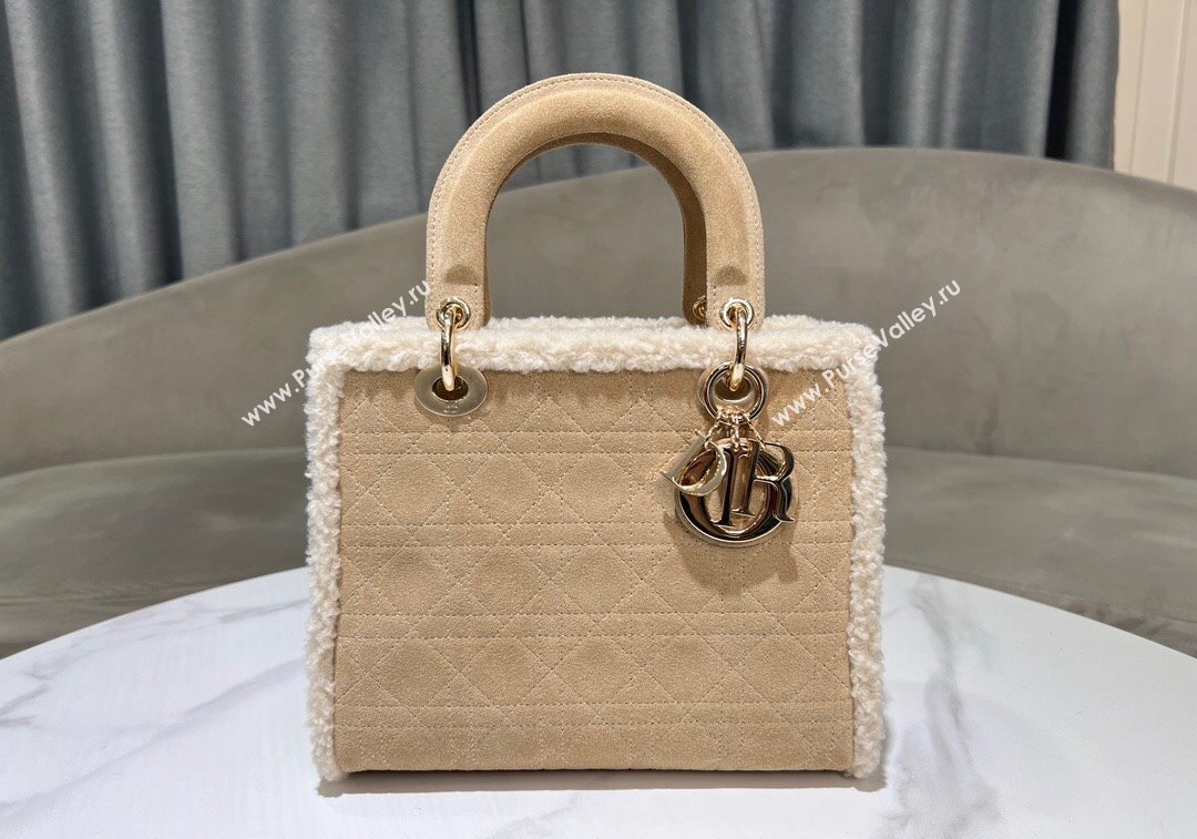 Dior Lady Dior Medium Bag in Beige Suede and White Shearling 2024 1212 (XXG-241212065)