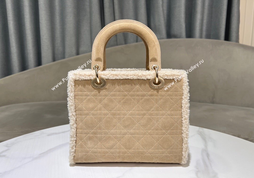 Dior Lady Dior Medium Bag in Beige Suede and White Shearling 2024 1212 (XXG-241212065)