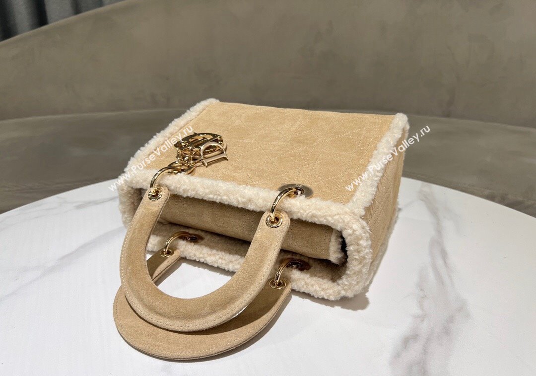 Dior Lady Dior Medium Bag in Beige Suede and White Shearling 2024 1212 (XXG-241212065)