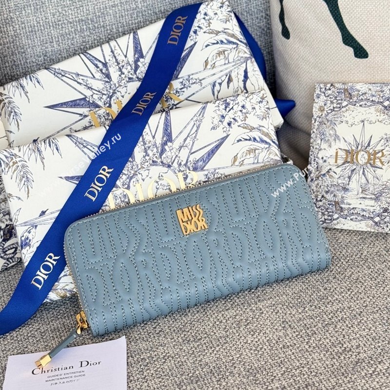 Dior Miss Dior Freesia Zip Long Wallet in Lambskin with Quilted Miss Dior Allover Motif Light Blue 2024 (XXG-241212070)