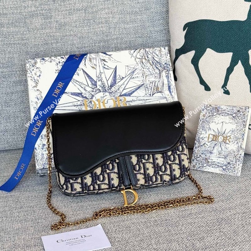 Dior Medium Saddle Pouch with Chain in Blue Dior Oblique Jacquard and Smooth Calfskin 2024 (XXG-241212074)