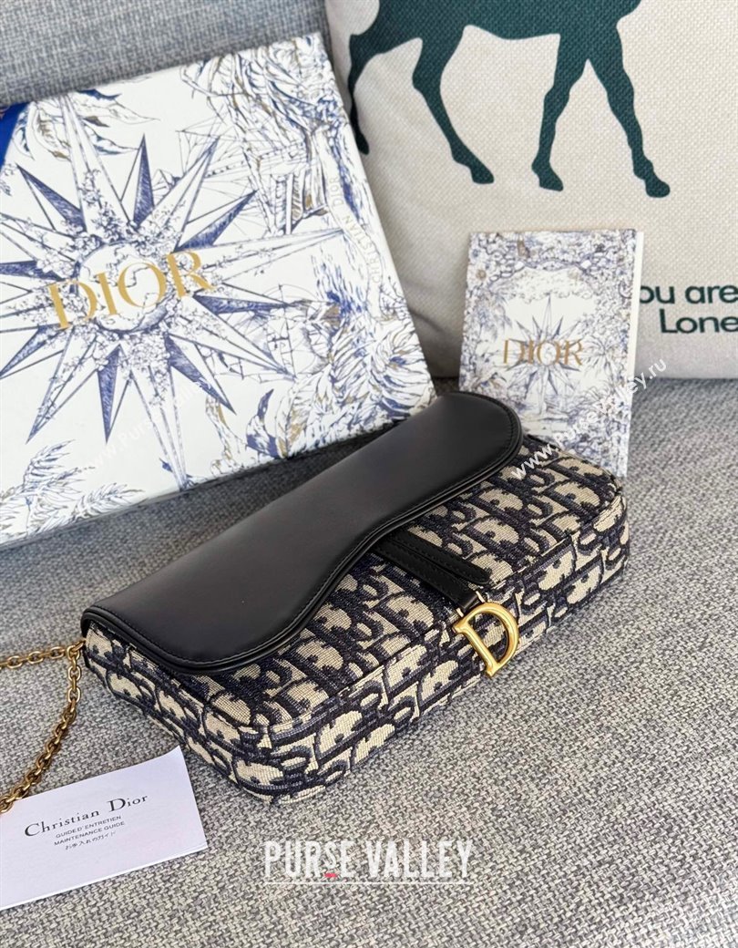 Dior Medium Saddle Pouch with Chain in Blue Dior Oblique Jacquard and Smooth Calfskin 2024 (XXG-241212074)