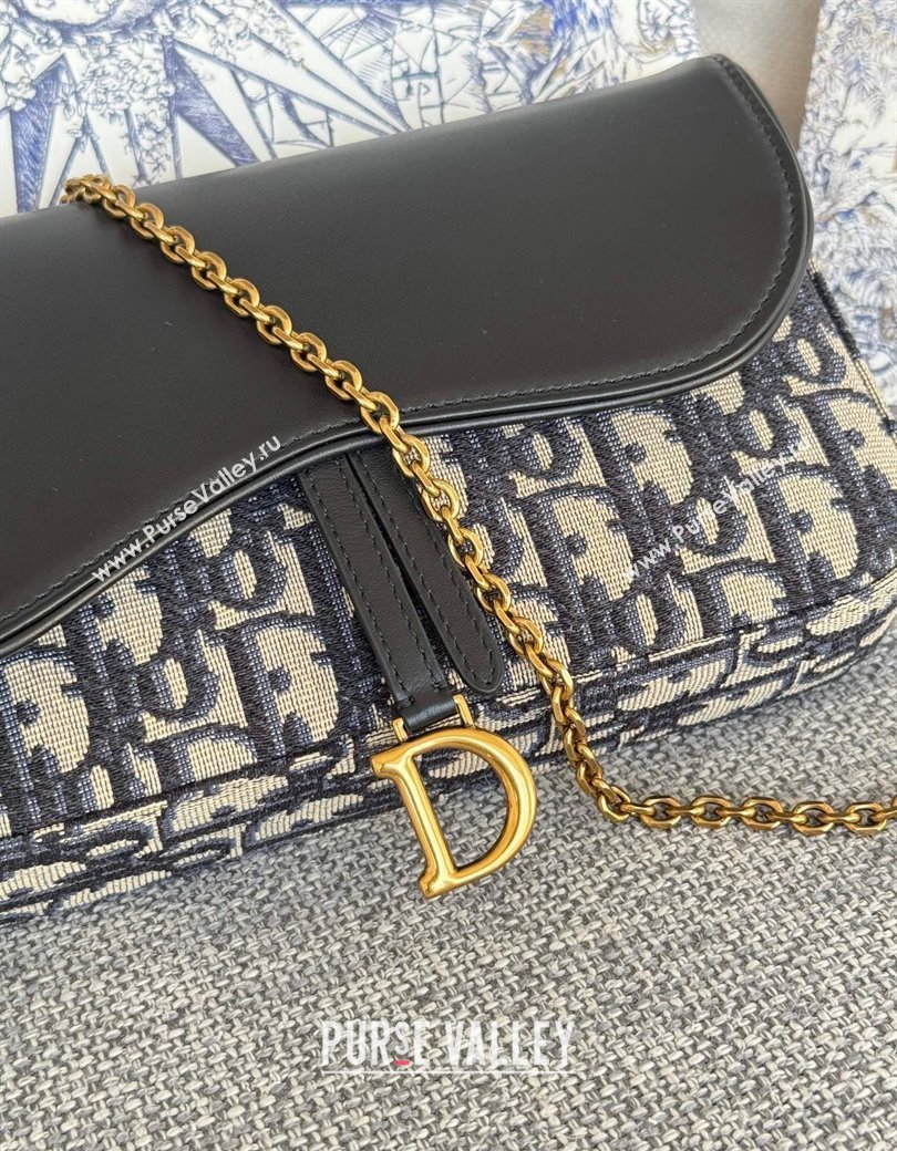 Dior Medium Saddle Pouch with Chain in Blue Dior Oblique Jacquard and Smooth Calfskin 2024 (XXG-241212074)