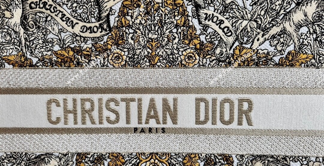 Dior Large Dior Book Tote bag in Latte White Embroidery with Gold-Tone Dior Around the World Motif 2024 (XXG-241212059)