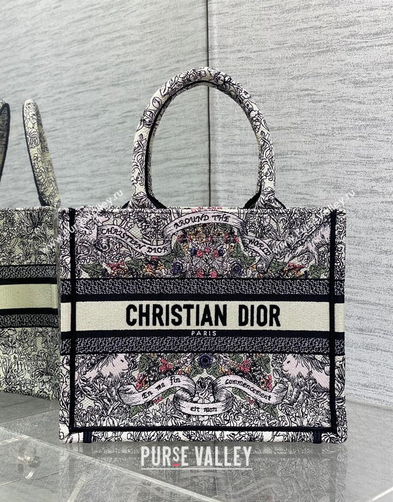 Dior Small Dior Book Tote bag in Latte White Embroidery with Multicolor Dior Around the World Motif 2024 (XXG-241212049)