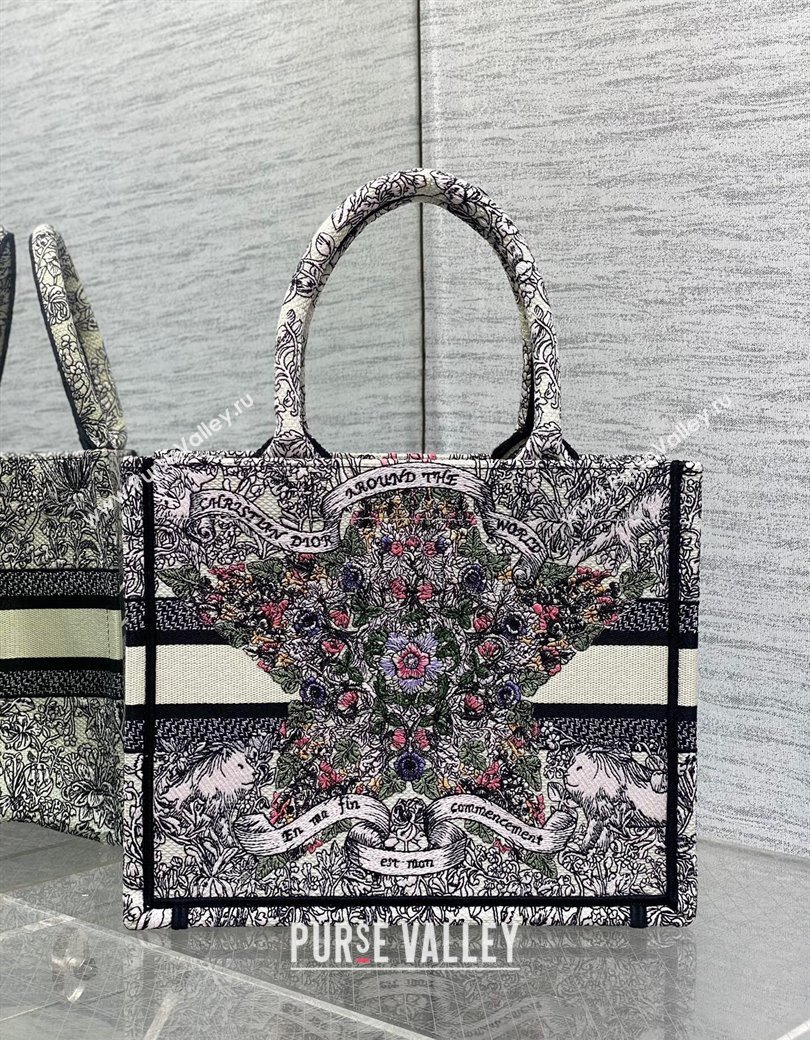 Dior Small Dior Book Tote bag in Latte White Embroidery with Multicolor Dior Around the World Motif 2024 (XXG-241212049)