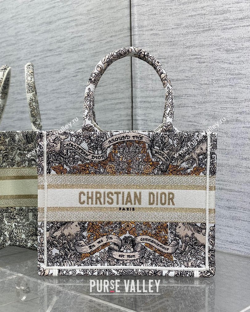 Dior Small Dior Book Tote bag in Latte White Embroidery with Gold-Tone Dior Around the World Motif 2024 (XXG-241212050)