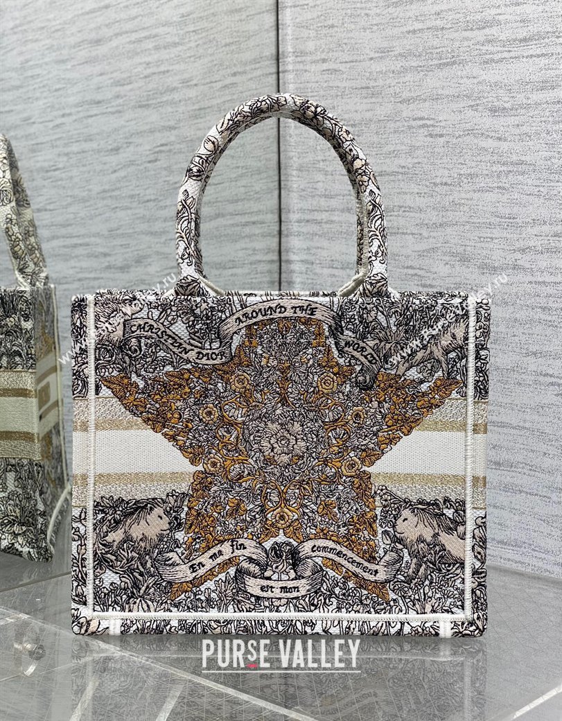 Dior Small Dior Book Tote bag in Latte White Embroidery with Gold-Tone Dior Around the World Motif 2024 (XXG-241212050)