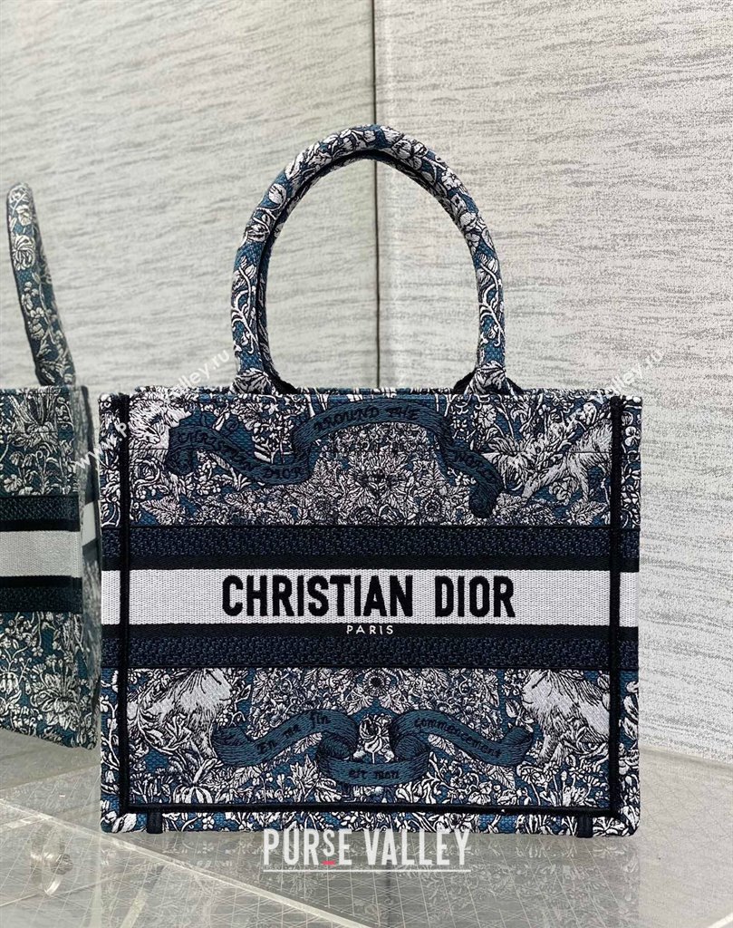 Dior Small Dior Book Tote bag in Blue Embroidery with White Dior Around the World Motif 2024 (XXG-241212051)