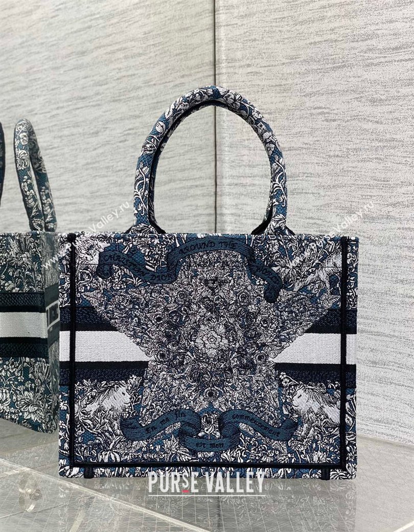 Dior Small Dior Book Tote bag in Blue Embroidery with White Dior Around the World Motif 2024 (XXG-241212051)