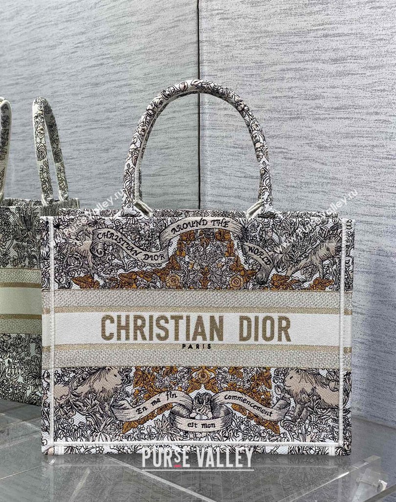 Dior Medium Dior Book Tote bag in Latte Embroidery with Gold-Tone Dior Around the World Motif 2024 (XXG-241212053)