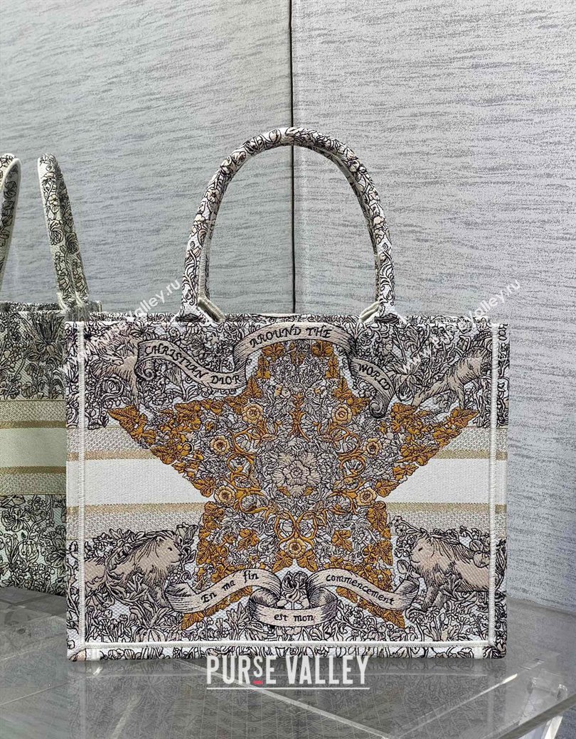 Dior Medium Dior Book Tote bag in Latte Embroidery with Gold-Tone Dior Around the World Motif 2024 (XXG-241212053)