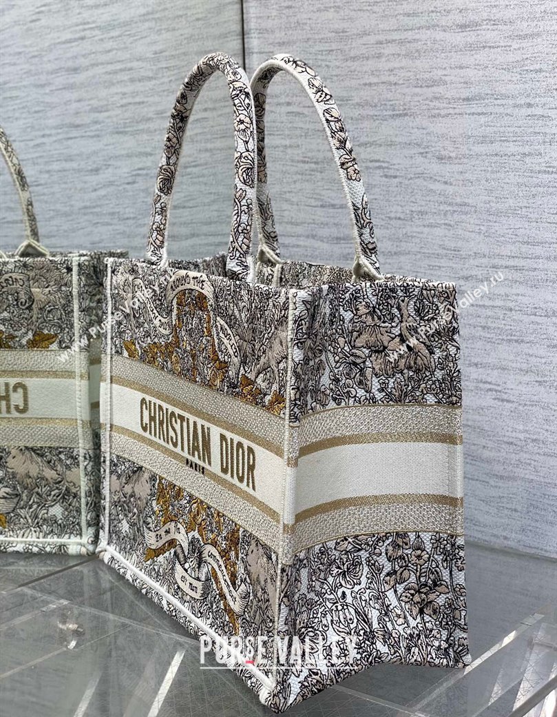 Dior Medium Dior Book Tote bag in Latte Embroidery with Gold-Tone Dior Around the World Motif 2024 (XXG-241212053)