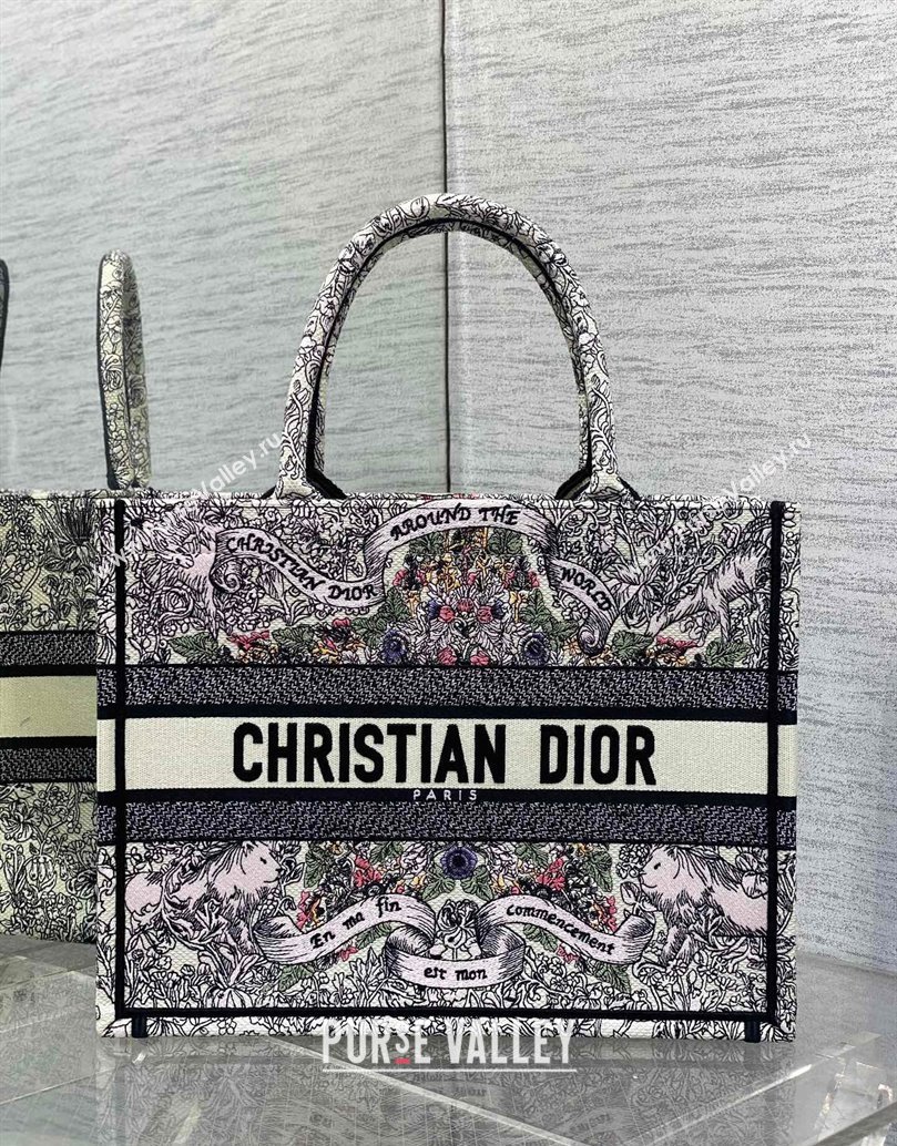 Dior Medium Dior Book Tote bag in Latte White Embroidery with Multicolor Dior Around the World Motif 2024 (XXG-241212052)