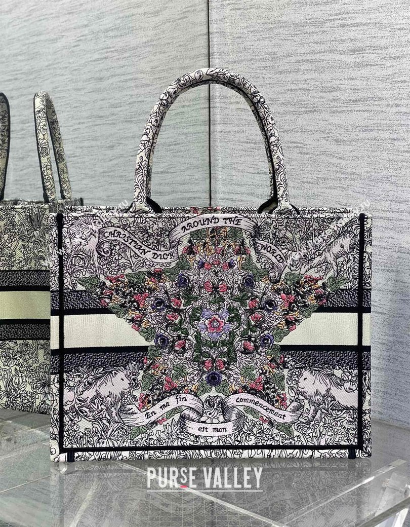 Dior Medium Dior Book Tote bag in Latte White Embroidery with Multicolor Dior Around the World Motif 2024 (XXG-241212052)