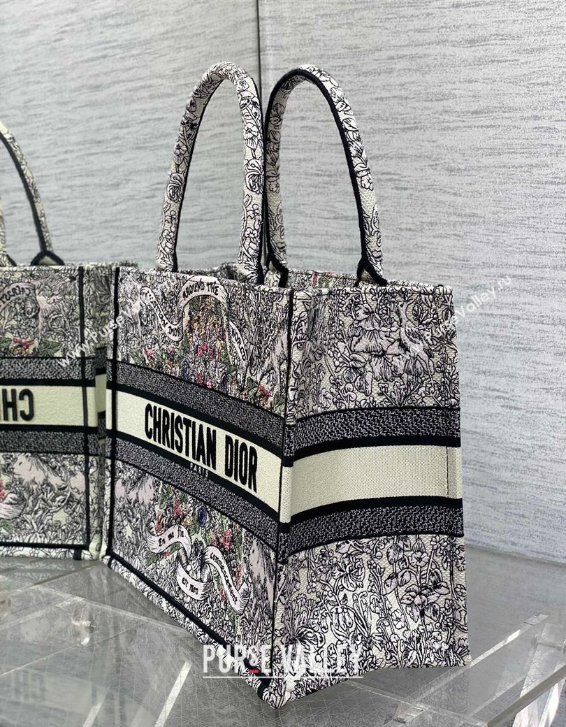 Dior Medium Dior Book Tote bag in Latte White Embroidery with Multicolor Dior Around the World Motif 2024 (XXG-241212052)