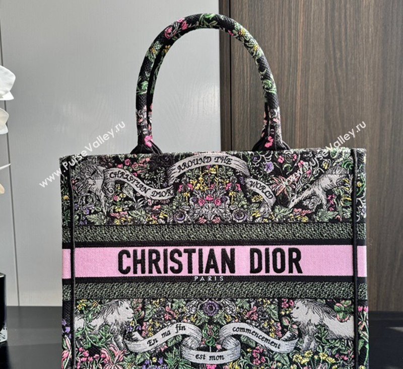 Dior Medium Dior Book Tote bag in Black Embroidery with Multicolor Dior Around the World Motif 2024 (XXG-241212055)