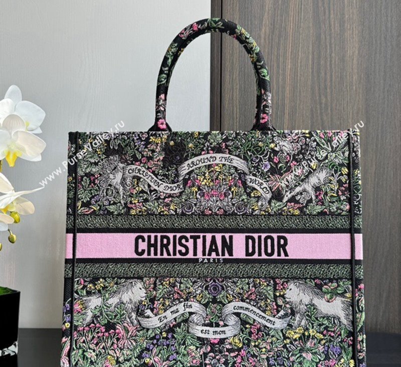 Dior Large Dior Book Tote bag in Black Embroidery with Multicolor Dior Around the World Motif 2024 (XXG-241212056)