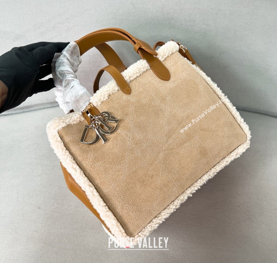 Dior Medium Toujours Tote Bag in Beige Suede and White Shearling 2024 1212 (BF-241212067)