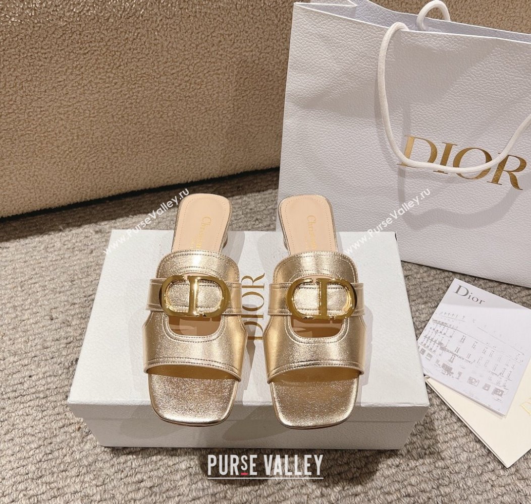 Dior 30 Montaigne Heeled Slides Sandal 3.5cm in Gold Metallic Calfskin 2024 1231 (MD-241231103)