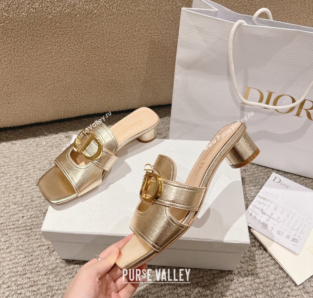 Dior 30 Montaigne Heeled Slides Sandal 3.5cm in Gold Metallic Calfskin 2024 1231 (MD-241231103)