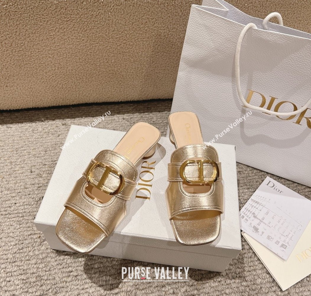 Dior 30 Montaigne Heeled Slides Sandal 3.5cm in Gold Metallic Calfskin 2024 1231 (MD-241231103)