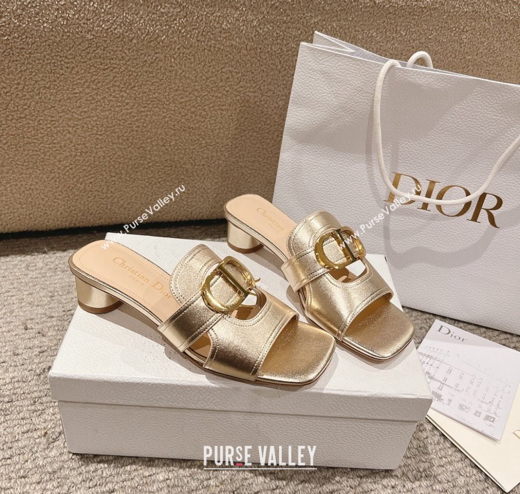 Dior 30 Montaigne Heeled Slides Sandal 3.5cm in Gold Metallic Calfskin 2024 1231 (MD-241231103)