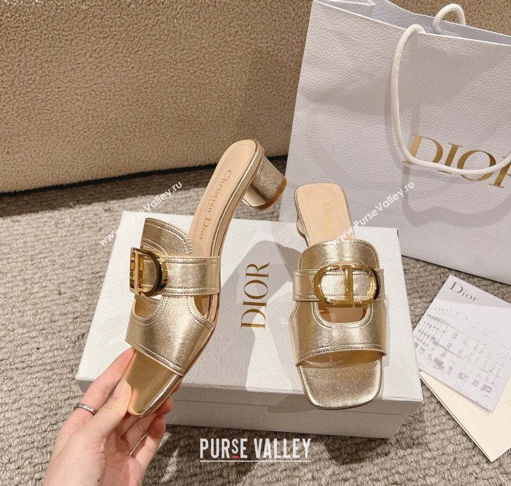 Dior 30 Montaigne Heeled Slides Sandal 3.5cm in Gold Metallic Calfskin 2024 1231 (MD-241231103)