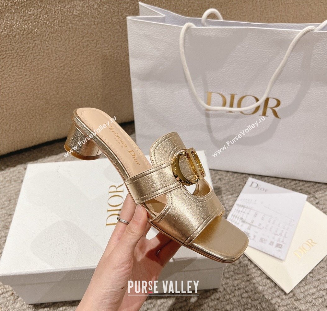 Dior 30 Montaigne Heeled Slides Sandal 3.5cm in Gold Metallic Calfskin 2024 1231 (MD-241231103)