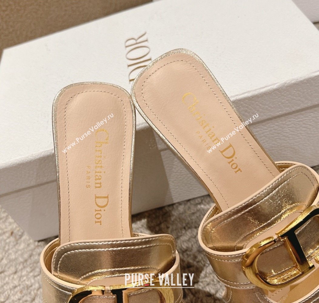 Dior 30 Montaigne Heeled Slides Sandal 3.5cm in Gold Metallic Calfskin 2024 1231 (MD-241231103)