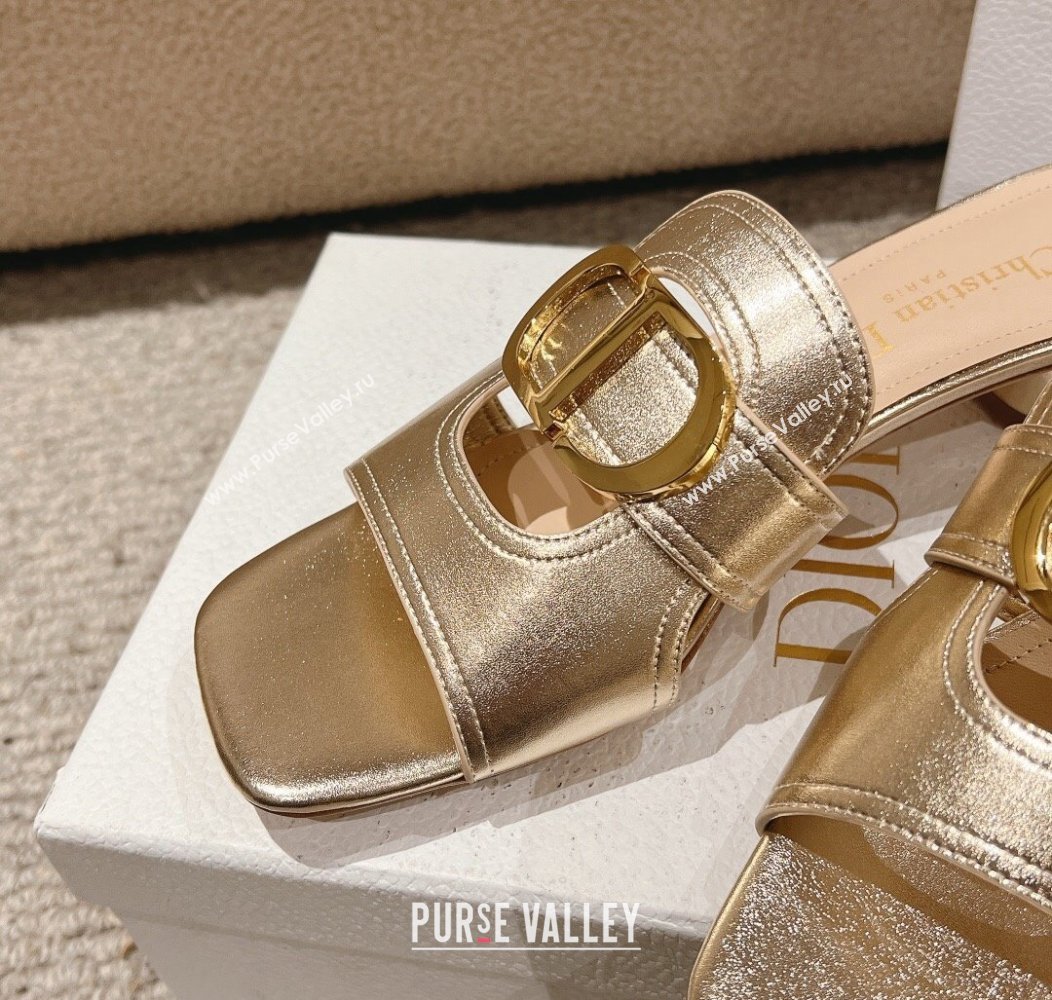 Dior 30 Montaigne Heeled Slides Sandal 3.5cm in Gold Metallic Calfskin 2024 1231 (MD-241231103)