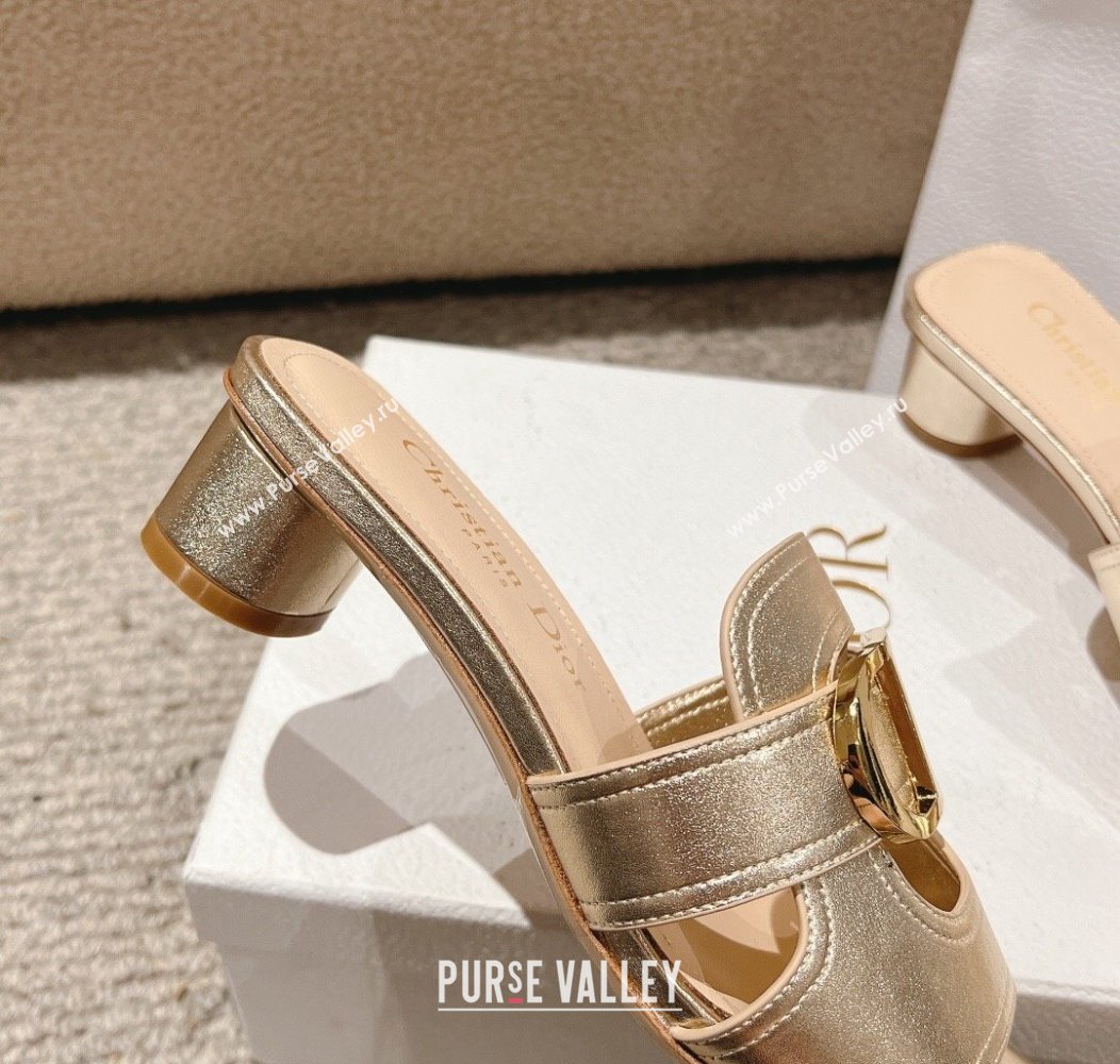 Dior 30 Montaigne Heeled Slides Sandal 3.5cm in Gold Metallic Calfskin 2024 1231 (MD-241231103)