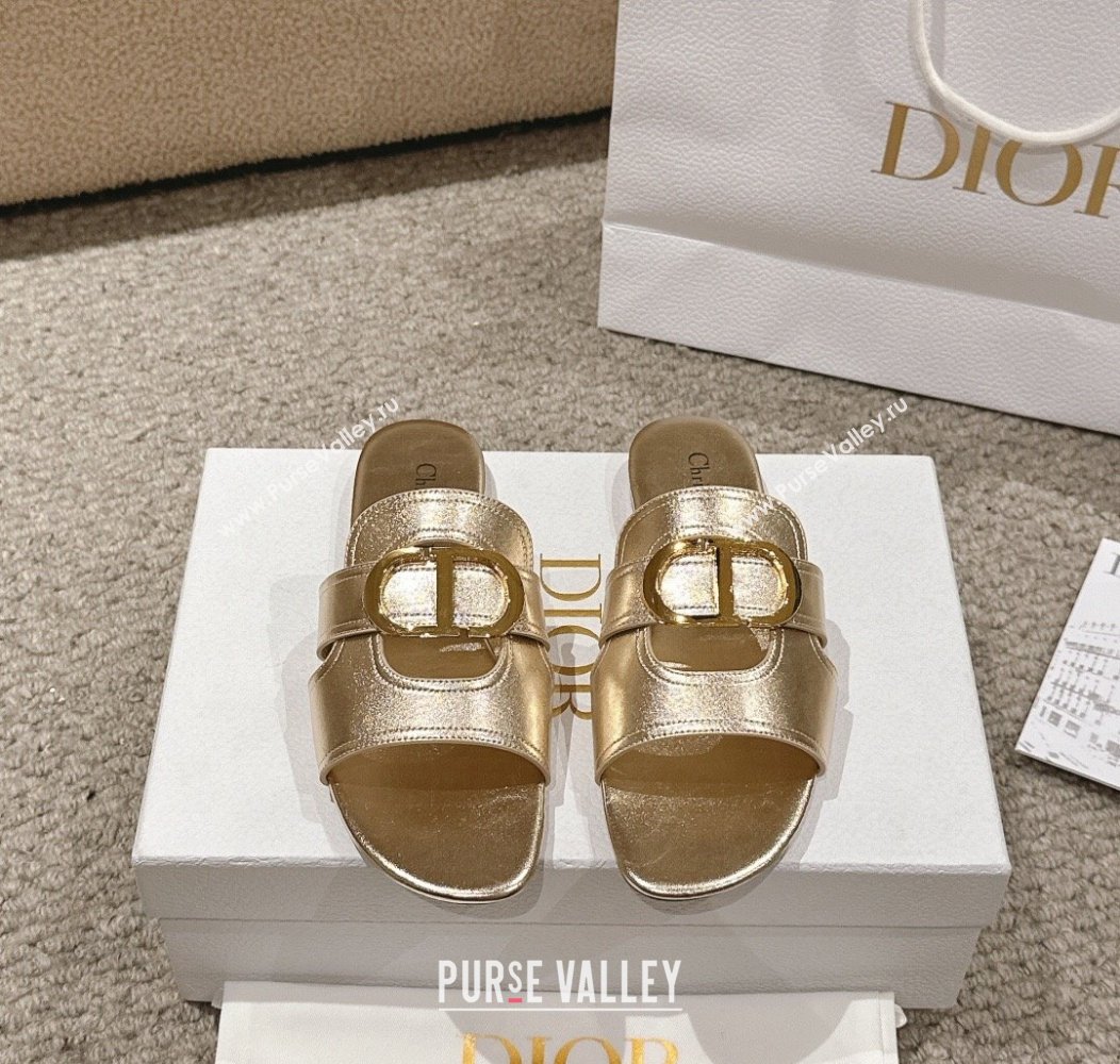 Dior 30 Montaigne Flat Slides Sandal in Gold-Tone Metallic Calfskin 2024 1231 (MD-241231105)