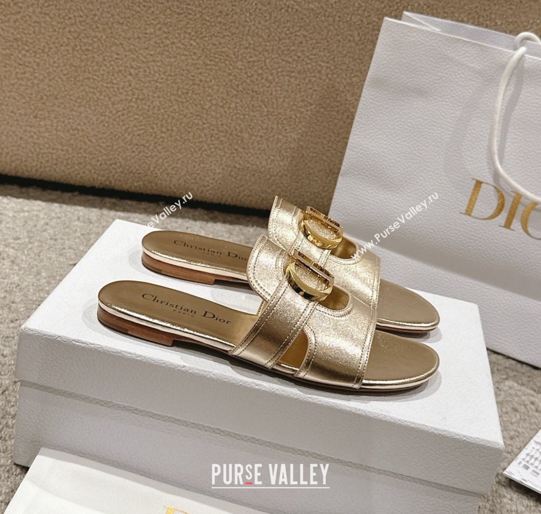 Dior 30 Montaigne Flat Slides Sandal in Gold-Tone Metallic Calfskin 2024 1231 (MD-241231105)