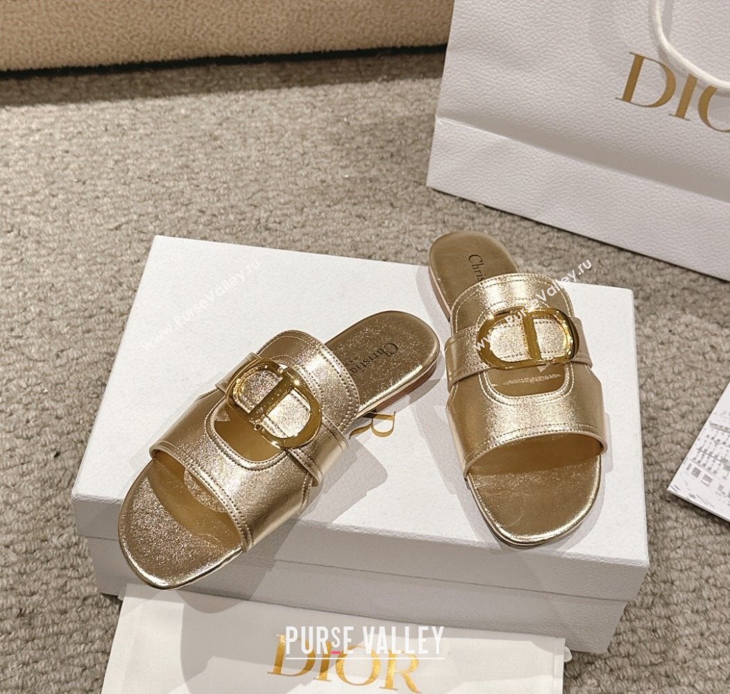 Dior 30 Montaigne Flat Slides Sandal in Gold-Tone Metallic Calfskin 2024 1231 (MD-241231105)