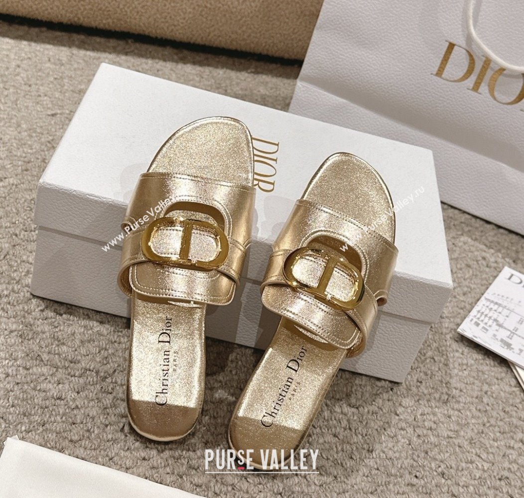 Dior 30 Montaigne Flat Slides Sandal in Gold-Tone Metallic Calfskin 2024 1231 (MD-241231105)