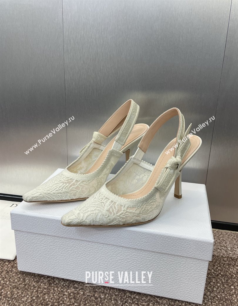 Dior JAdior Slingback Pumps 9.5cm in Transparent Mesh Embroidered with White Dior Cabinet de la Mer Motif 2024 (JC-241231043)