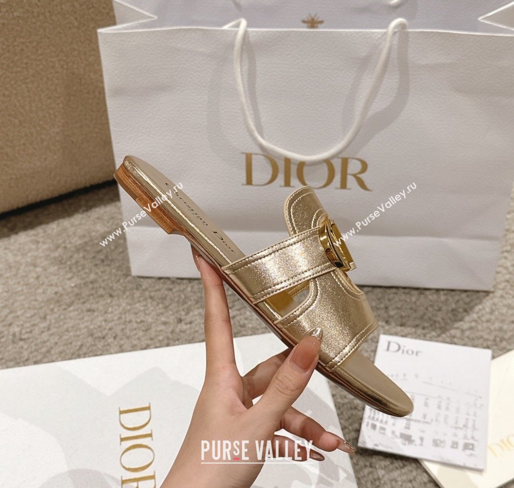 Dior 30 Montaigne Flat Slides Sandal in Gold-Tone Metallic Calfskin 2024 1231 (MD-241231105)