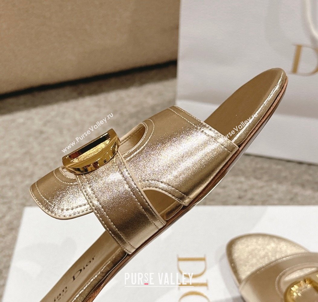 Dior 30 Montaigne Flat Slides Sandal in Gold-Tone Metallic Calfskin 2024 1231 (MD-241231105)