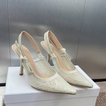 Dior JAdior Slingback Pumps 9.5cm in Transparent Mesh Embroidered with White Dior Cabinet de la Mer Motif 2024 (JC-241231043)